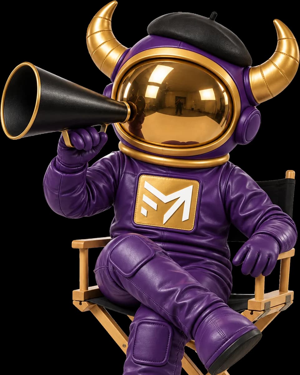 Booster, the Forward Minded Media mascot, sitting in a director's chair shouting through a megaphone